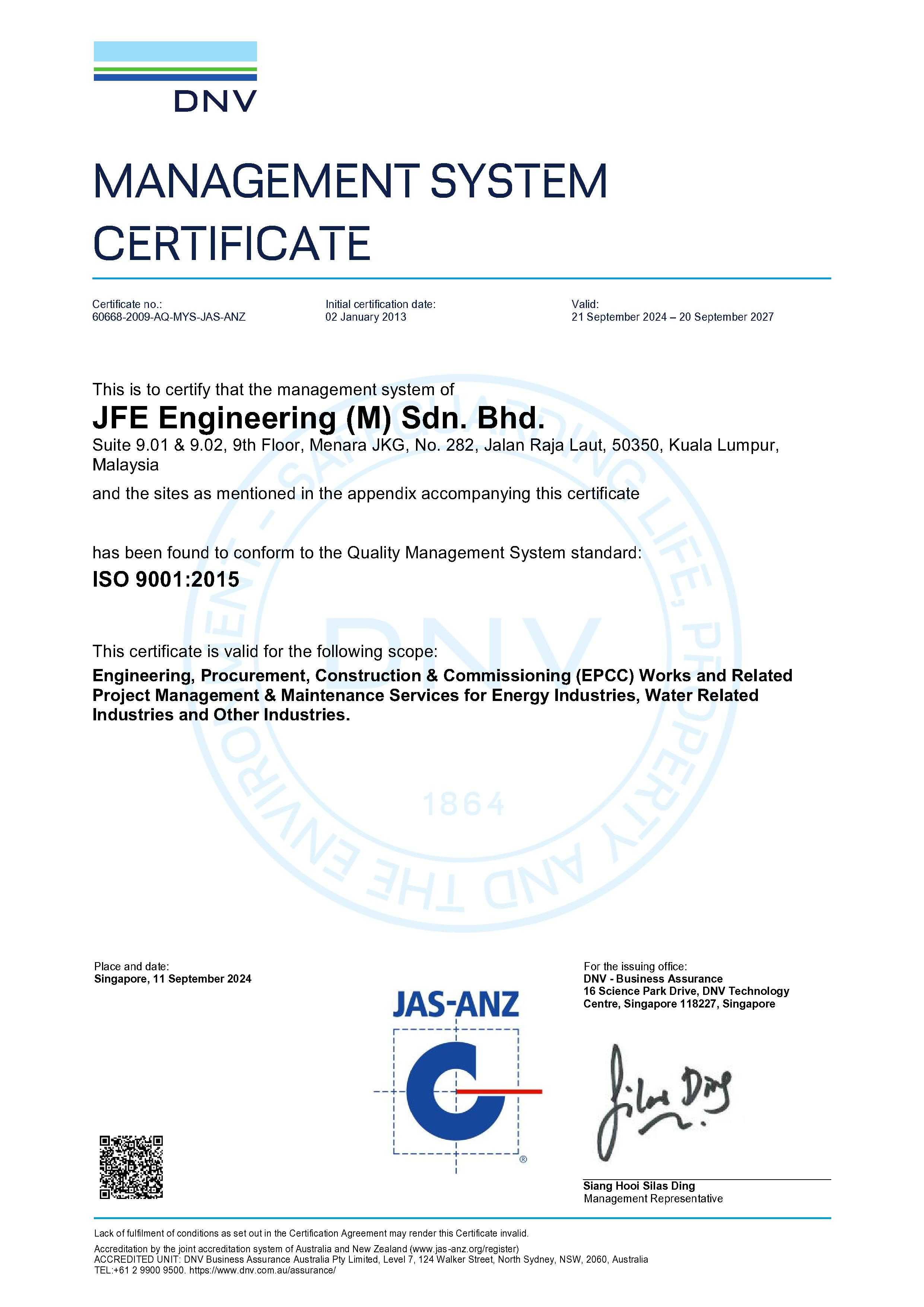 ISO 9001:2015 JFE Engineering (M) Sdn Bhd